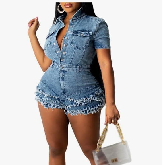 Pants - Denim Short Sleeve Button-Up Romper